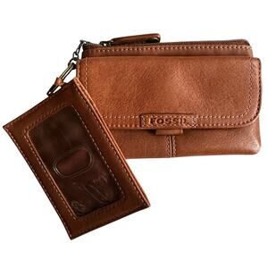 Fossil Luggage Brown Leather Mini Wallet & ID Case Set Coin Purse Pouch